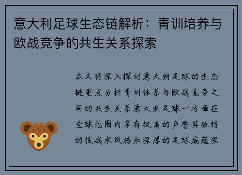 意大利足球生态链解析：青训培养与欧战竞争的共生关系探索