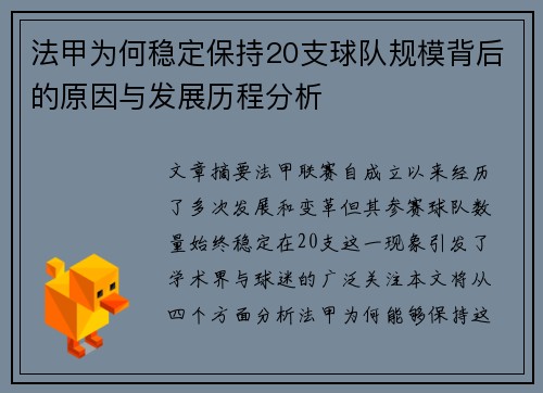 法甲为何稳定保持20支球队规模背后的原因与发展历程分析