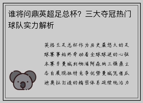 谁将问鼎英超足总杯？三大夺冠热门球队实力解析